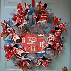 Festive Holiday Wreath with Red and Blue Accents
